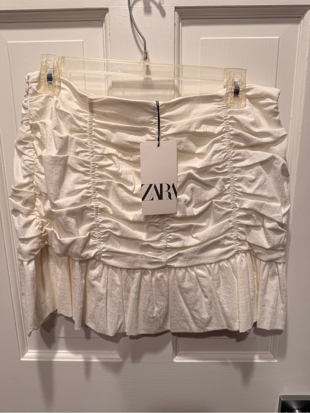 Zara Ivory Ruched Mini Skirt with Ruffle Trim